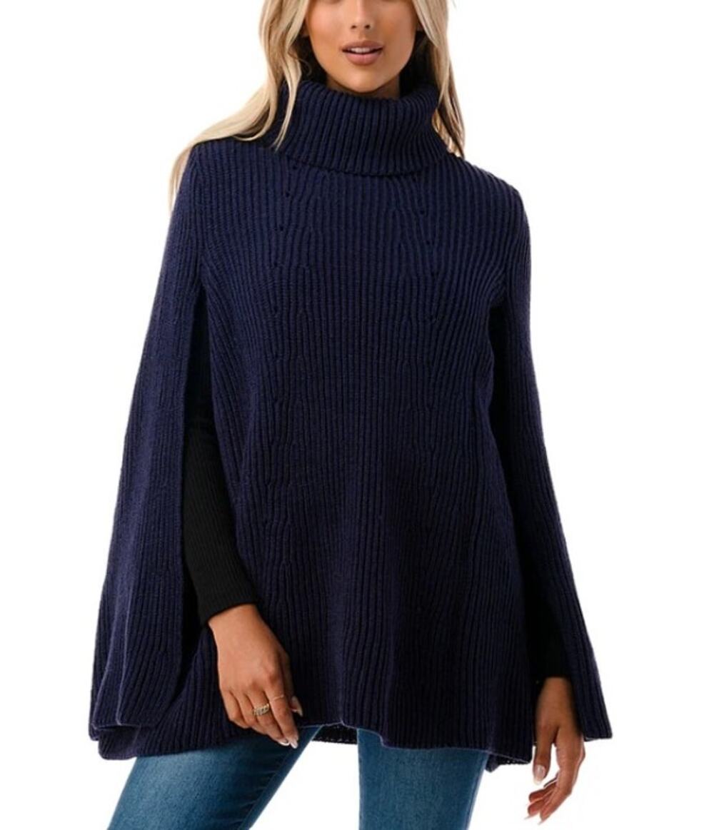 Marcus Adler The Everlee Topper Navy Turtleneck Knit Poncho Sweater One-Size $98